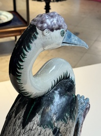 A rare and large Chinese polychrome-glazed crane on a rock, 18/19th C.