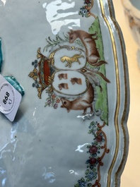A Chinese famille rose armorial covered tureen, stand and serving dish with the arms of Visdelou for the French market, Qianlong, ca. 1765