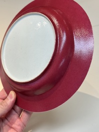 An extremely fine pair of Chinese famille rose ruby-back eggshell plates with a lady and playing boys, Yongzheng