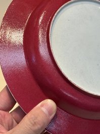 An extremely fine pair of Chinese famille rose ruby-back eggshell plates with a lady and playing boys, Yongzheng