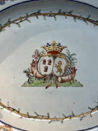 A Chinese famille rose armorial covered tureen, stand and serving dish with the arms of Visdelou for the French market, Qianlong, ca. 1765