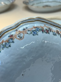 A Chinese famille rose armorial covered tureen, stand and serving dish with the arms of Visdelou for the French market, Qianlong, ca. 1765