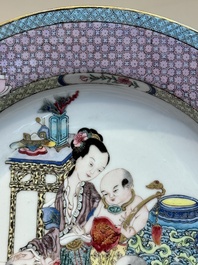 An extremely fine pair of Chinese famille rose ruby-back eggshell plates with a lady and playing boys, Yongzheng