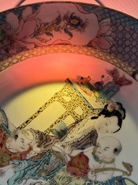 An extremely fine pair of Chinese famille rose ruby-back eggshell plates with a lady and playing boys, Yongzheng