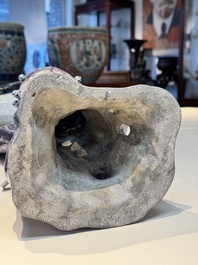 A rare and large Chinese polychrome-glazed crane on a rock, 18/19th C.