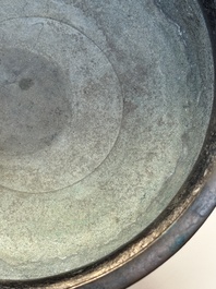 A Chinese archaistic bronze censer with 'chilong' and 'lingzhi' handles on wooden stand, Zhou Wang Bo Zuo Bao Ding 周王伯作寶鼎 mark, Yuan/Ming
