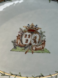 A Chinese famille rose armorial covered tureen, stand and serving dish with the arms of Visdelou for the French market, Qianlong, ca. 1765