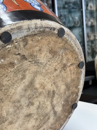 A large Chinese European-decorated blue and white fish bowl with narrative design, on a later wooden stand, Kangxi