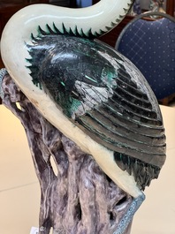 A rare and large Chinese polychrome-glazed crane on a rock, 18/19th C.