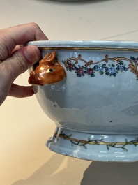 A Chinese famille rose armorial covered tureen, stand and serving dish with the arms of Visdelou for the French market, Qianlong, ca. 1765