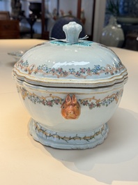 A Chinese famille rose armorial covered tureen, stand and serving dish with the arms of Visdelou for the French market, Qianlong, ca. 1765