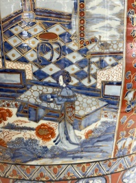 A large Chinese European-decorated blue and white fish bowl with narrative design, on a later wooden stand, Kangxi