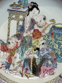 An extremely fine pair of Chinese famille rose ruby-back eggshell plates with a lady and playing boys, Yongzheng