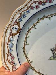 A Chinese famille rose armorial covered tureen, stand and serving dish with the arms of Visdelou for the French market, Qianlong, ca. 1765