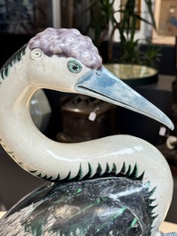A rare and large Chinese polychrome-glazed crane on a rock, 18/19th C.