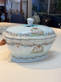 A Chinese famille rose armorial covered tureen, stand and serving dish with the arms of Visdelou for the French market, Qianlong, ca. 1765