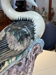 A rare and large Chinese polychrome-glazed crane on a rock, 18/19th C.