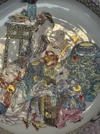 An extremely fine pair of Chinese famille rose ruby-back eggshell plates with a lady and playing boys, Yongzheng