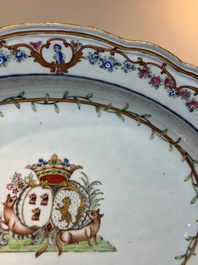 A Chinese famille rose armorial covered tureen, stand and serving dish with the arms of Visdelou for the French market, Qianlong, ca. 1765