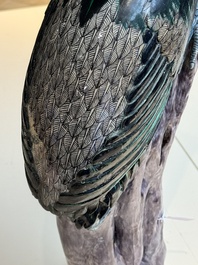A rare and large Chinese polychrome-glazed crane on a rock, 18/19th C.