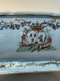 A Chinese famille rose armorial covered tureen, stand and serving dish with the arms of Visdelou for the French market, Qianlong, ca. 1765