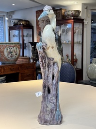 A rare and large Chinese polychrome-glazed crane on a rock, 18/19th C.