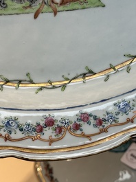 A Chinese famille rose armorial covered tureen, stand and serving dish with the arms of Visdelou for the French market, Qianlong, ca. 1765