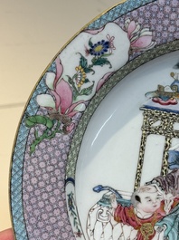 An extremely fine pair of Chinese famille rose ruby-back eggshell plates with a lady and playing boys, Yongzheng