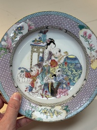 An extremely fine pair of Chinese famille rose ruby-back eggshell plates with a lady and playing boys, Yongzheng