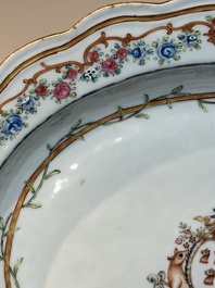 A Chinese famille rose armorial covered tureen, stand and serving dish with the arms of Visdelou for the French market, Qianlong, ca. 1765