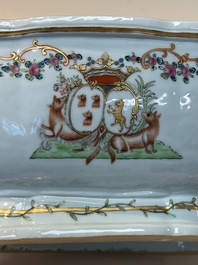 A Chinese famille rose armorial covered tureen, stand and serving dish with the arms of Visdelou for the French market, Qianlong, ca. 1765