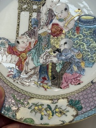 An extremely fine pair of Chinese famille rose ruby-back eggshell plates with a lady and playing boys, Yongzheng