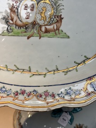A Chinese famille rose armorial covered tureen, stand and serving dish with the arms of Visdelou for the French market, Qianlong, ca. 1765