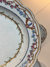 A Chinese famille rose armorial covered tureen, stand and serving dish with the arms of Visdelou for the French market, Qianlong, ca. 1765