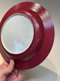 An extremely fine pair of Chinese famille rose ruby-back eggshell plates with a lady and playing boys, Yongzheng