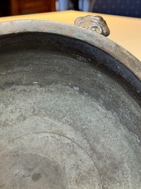 A Chinese archaistic bronze censer with 'chilong' and 'lingzhi' handles on wooden stand, Zhou Wang Bo Zuo Bao Ding 周王伯作寶鼎 mark, Yuan/Ming