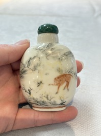 A diverse group of 12 Chinese snuff bottles and three covered seal paste boxes, Qianlong and Daoguang marks, 19th C.