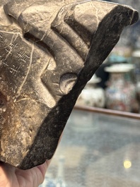 A Chinese Lingbi stone scholar's rock on wooden stand, Yun Tai 雲台 mark, 19/20th C.