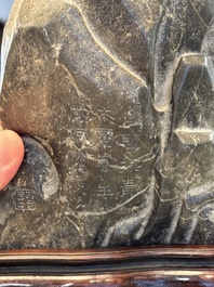 A Chinese Lingbi stone scholar's rock on wooden stand, Yun Tai 雲台 mark, 19/20th C.