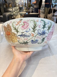 An unusual Chinese famille rose punch bowl with floral relief design, Qianlong