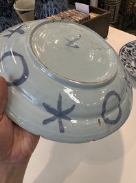 Three blue and white Dutch Delft chinoiserie dishes, late 17th C.