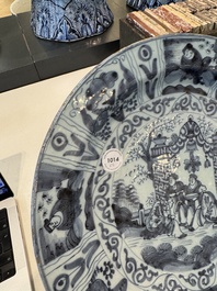 Three blue and white Dutch Delft chinoiserie dishes, late 17th C.