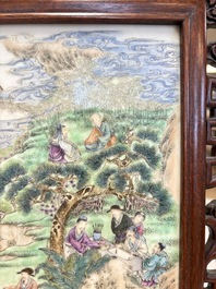 A Chinese famille rose 'gathering of sages' plaque, mounted in a wooden frame, Republic