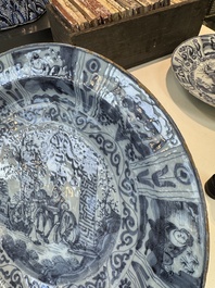Three blue and white Dutch Delft chinoiserie dishes, late 17th C.