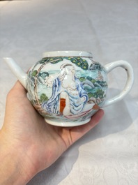 A rare Chinese famille rose teapot with an erotic depiction of a European lady, Yongzheng