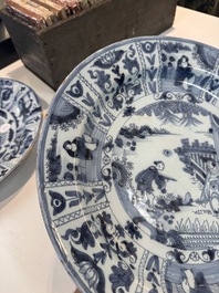 Three blue and white Dutch Delft chinoiserie dishes, late 17th C.