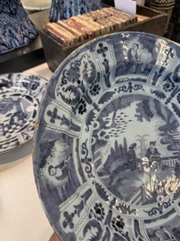 Three blue and white Dutch Delft chinoiserie dishes, late 17th C.