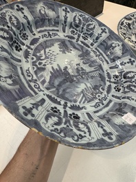 Three blue and white Dutch Delft chinoiserie dishes, late 17th C.