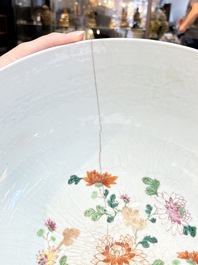 An unusual Chinese famille rose punch bowl with floral relief design, Qianlong