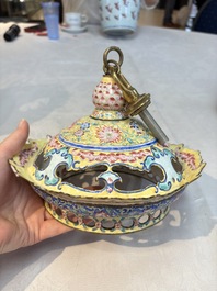 A very rare pair of Chinese Canton enamel lanterns with reverse painted glass panels, Qianlong